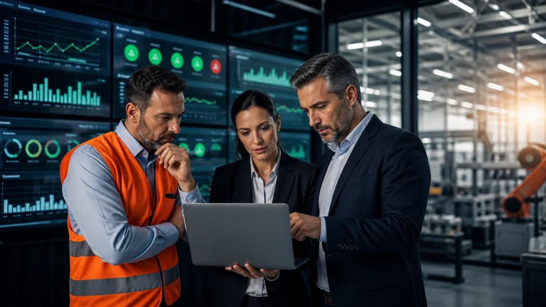 Leaders reviewing operational KPIs and hidden risks on a plant dashboard