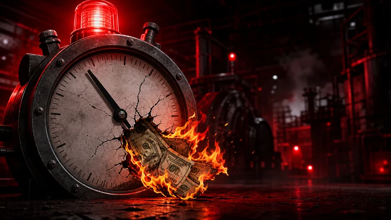Broken industrial chronometer with red warning light and burning money as a symbol of a costly maintenance shutdown